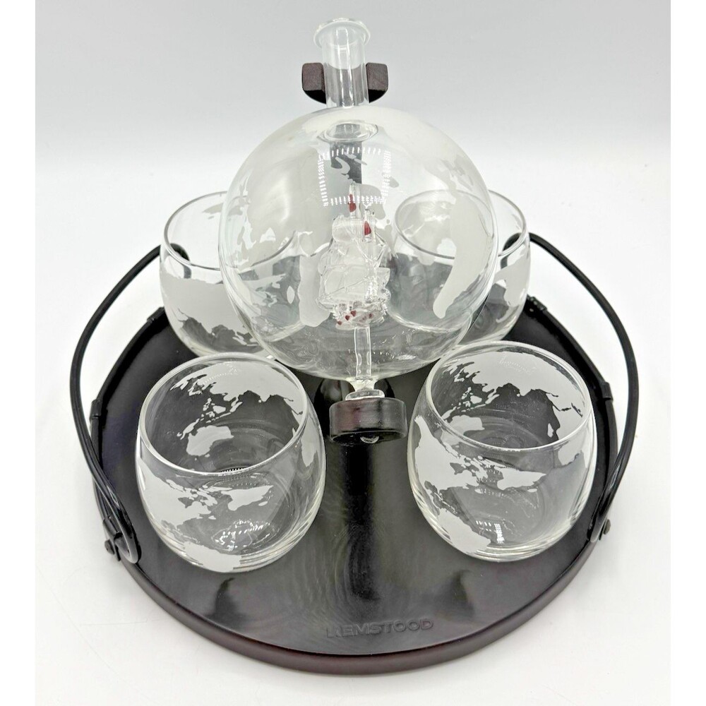 Whiskey Liquor/Wine Decanter Globe World Set Spun Glass Ship 4 Glasses/Tray
